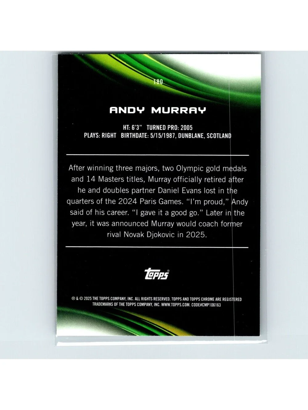 2025 Topps Chrome Tennis Sapphire Andy Murray #180 Green Refractor #/75